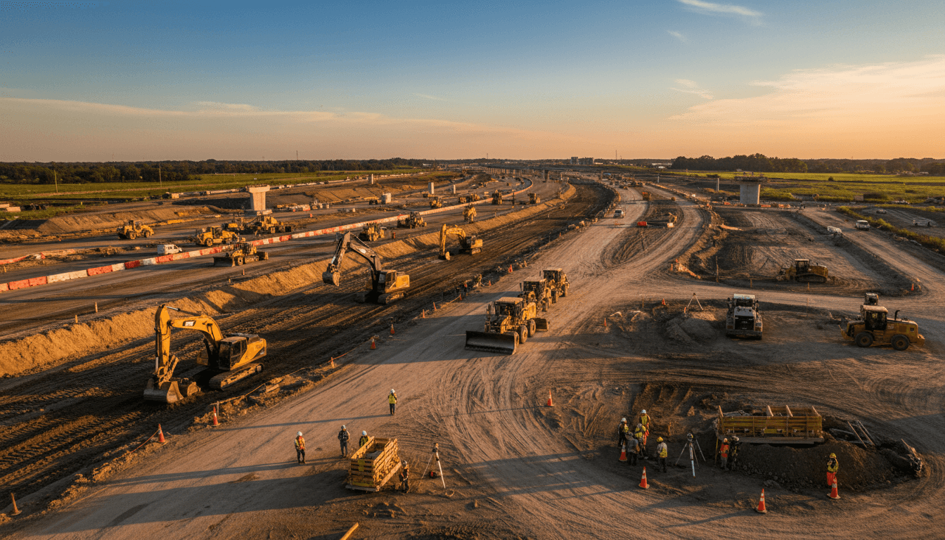 Aerial view of a large highway construction site with earthmoving equipment and civil engineers coordinating work