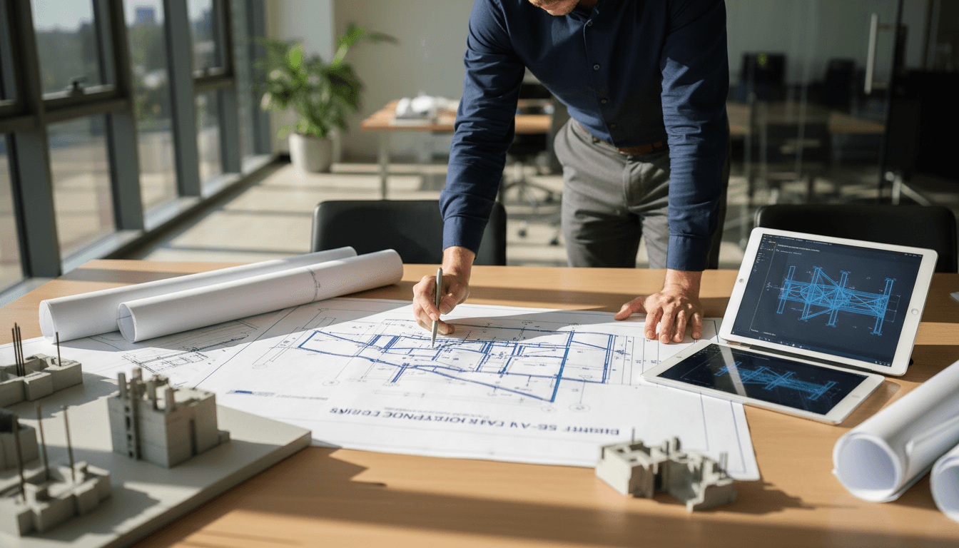 Civil engineer reviewing construction plans at an infrastructure project worksite