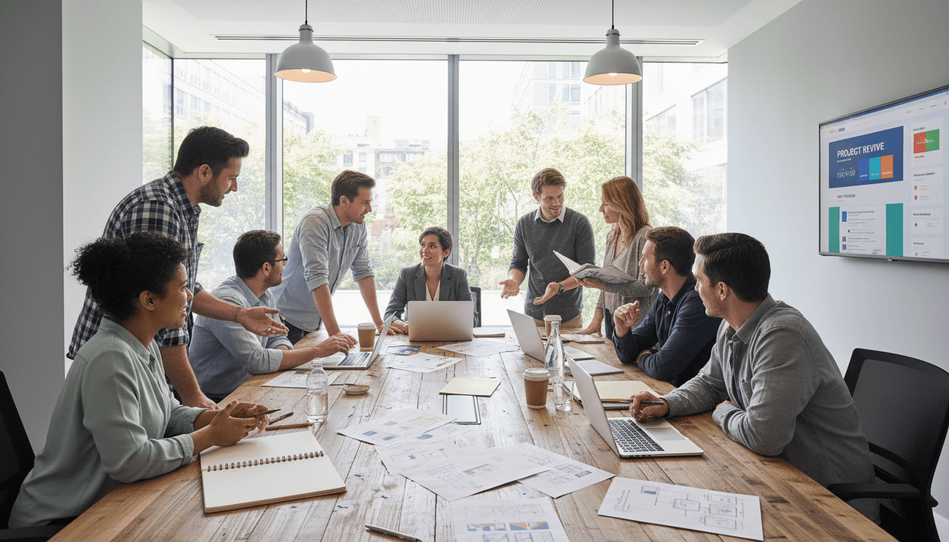 Professional team meeting in a modern office discussing project details