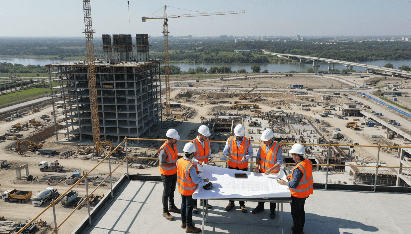 Civil engineers and project managers reviewing construction plans on an infrastructure site