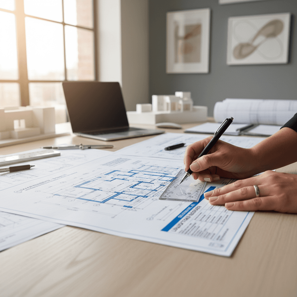 Engineer reviewing cost estimates and blueprints