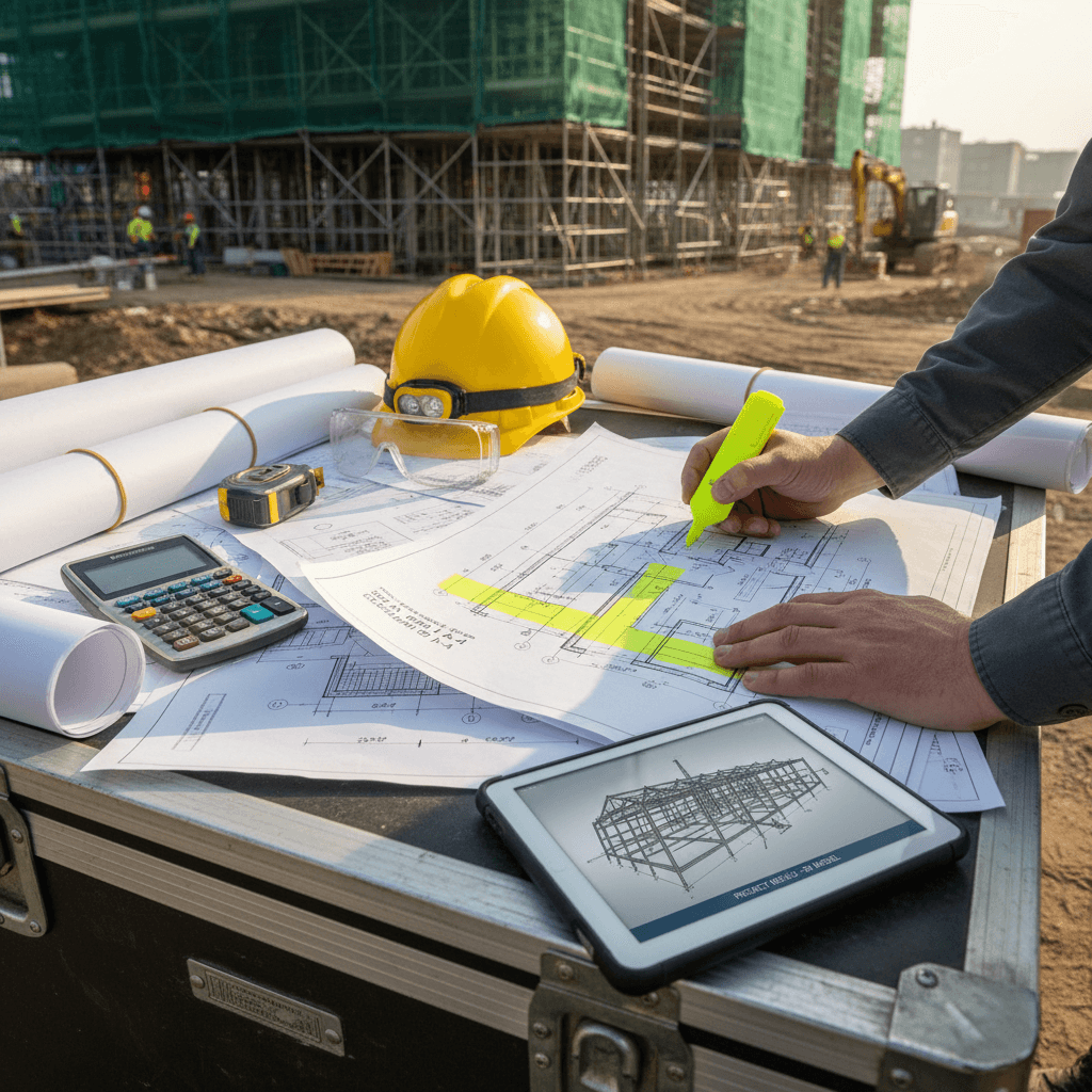 Project manager pointing at construction plans with a crew working behind them
