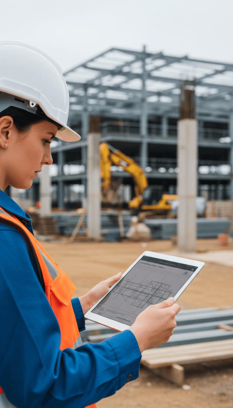 Civil engineer in hard hat reviewing blueprints at an infrastructure project site
